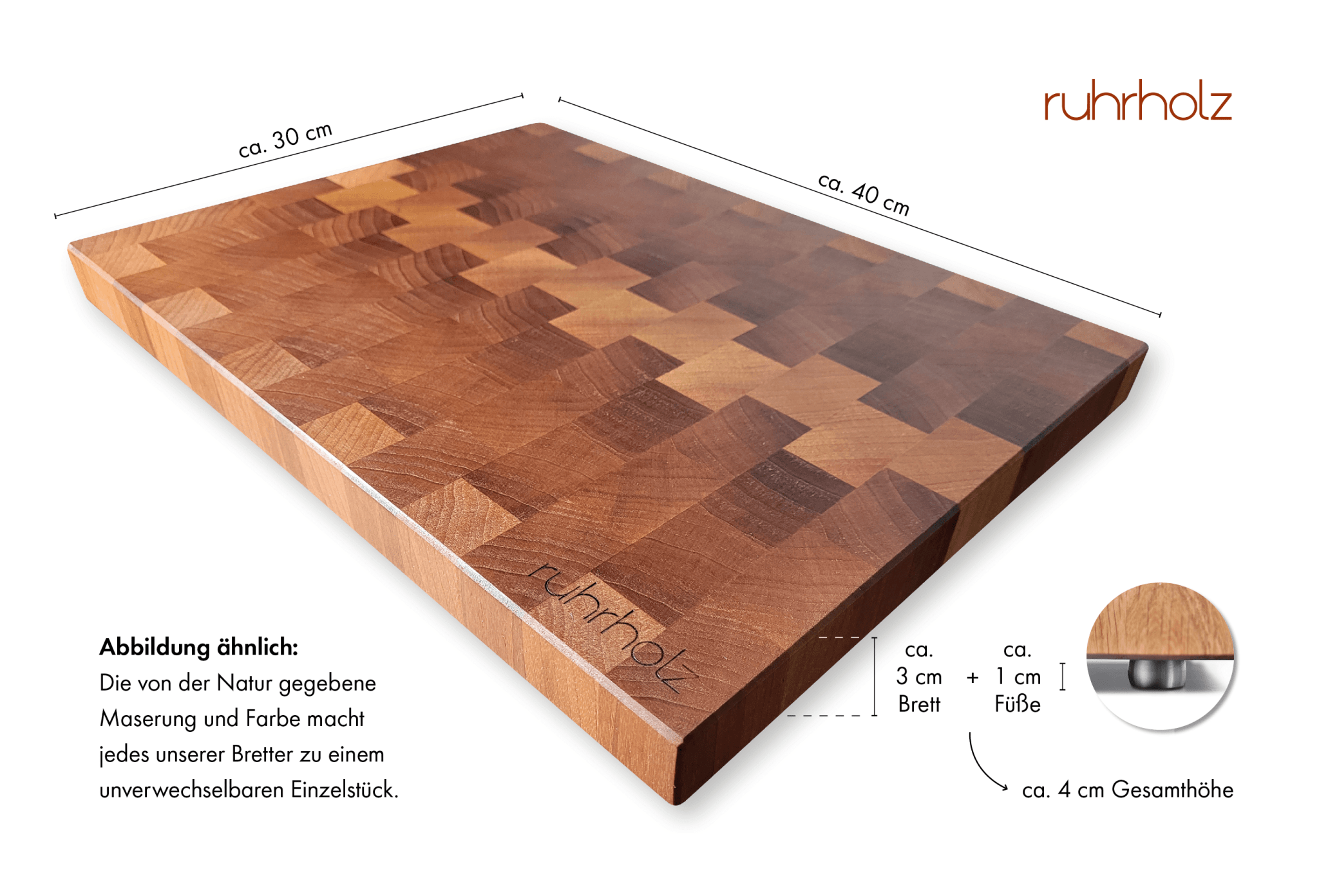 Schneidebrett - französischer Nussbaum - Stirnholz - Größe 40 x 30 x 3 cm - rutschfeste Edelstahlfüße - ruhrholz