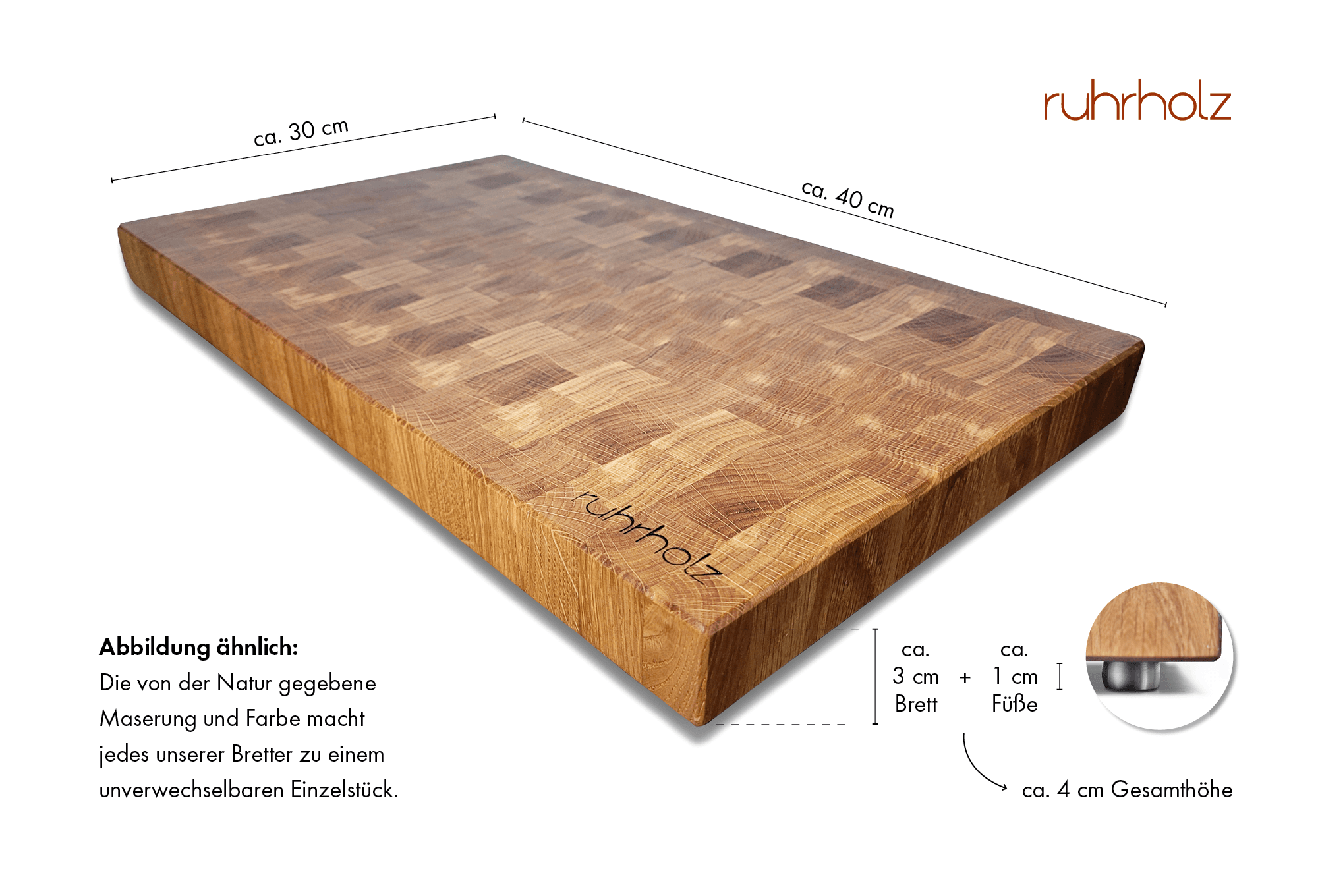 Schneidebrett aus Eiche Stirnholz - Größe 40 x 30 x 3 cm - rutschfeste Edelstahlfüße - ruhrholz
